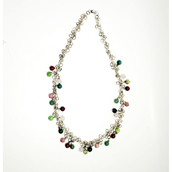 Genuine Agate Round Bead Multicolor Silver Tone Necklace & Drop Earrings Set New - Picture 5 of 11